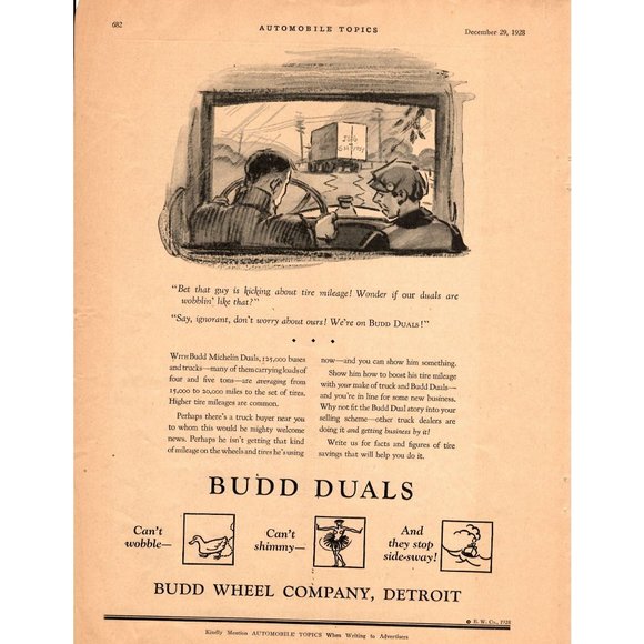 1928 Budd Wheel Company Budd Duals Advertising Print Ad Automobile Car Tires - Picture 1 of 2